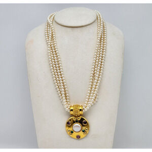 Vintage Ben Amun Faux Pearl Jeweled Pendant Necklace Signed